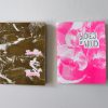 Two zine covers, one hot pink one gold, with halftone images from the series Bodies of Wood.