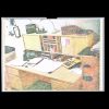 A photolithograph print reproducing an image of a tidy wooden desk with assorted office supplies. The image is slightly grainy.