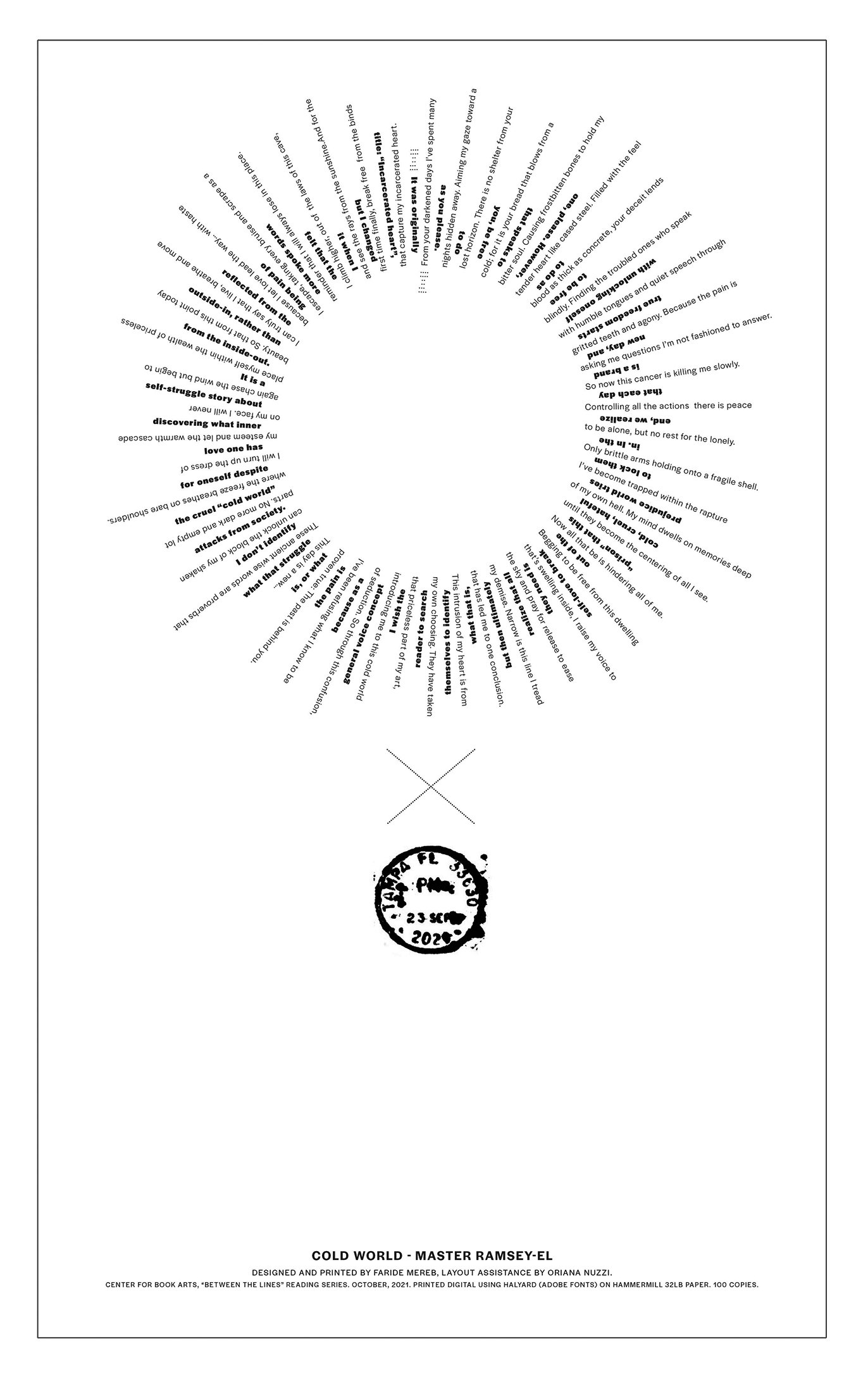 A black and white poster with the text of a poem arranged in a panoptic circle. Below it, a postmark from a letter.